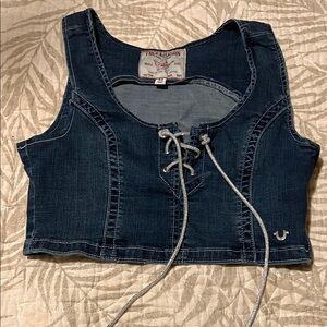 True Religion Women's Blue Denim Crop Top and jeans zipper on the left side